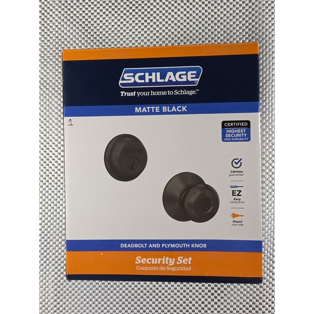 Schlage Plymouth Entry Knob/ Single Cylinder Deadbolt Lock Matte Black New Open